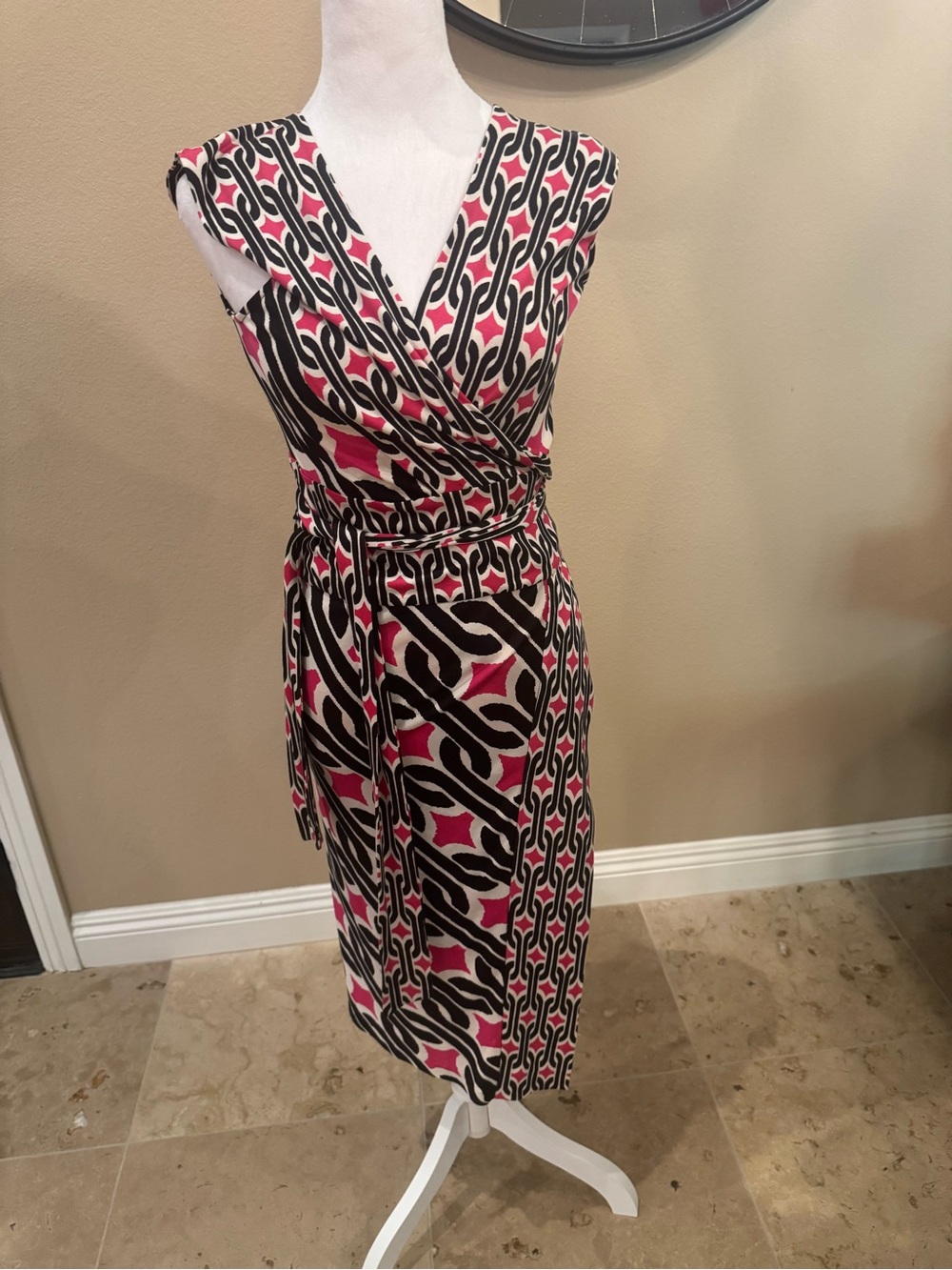 Diane Von Furstenberg Pink, Black & Cream Geometric Wrap Midi Dress